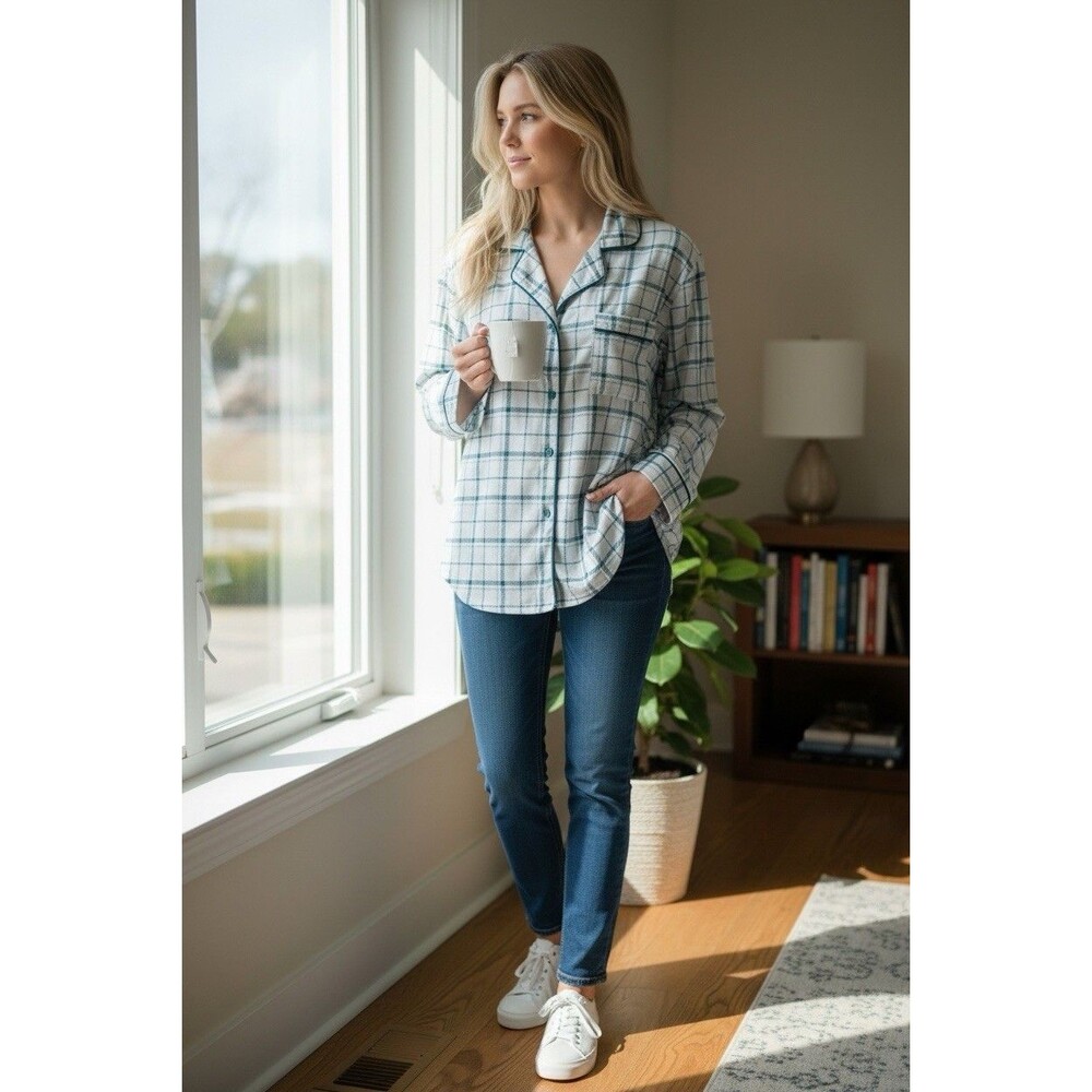 Kim Rogers Women’s Blue Plaid Pajama Shirt Size XL Classic Button Down Pocket